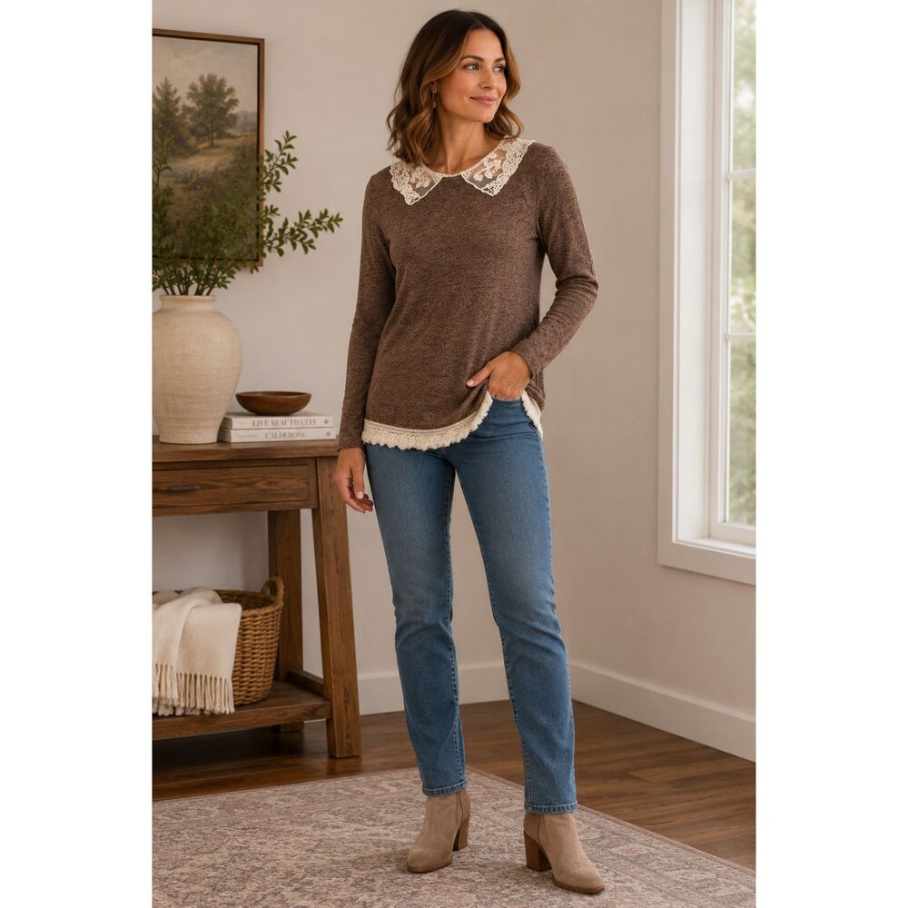 JODIFL Brown Lace Sweater Top S Boho Cottagecore Long Sleeve
